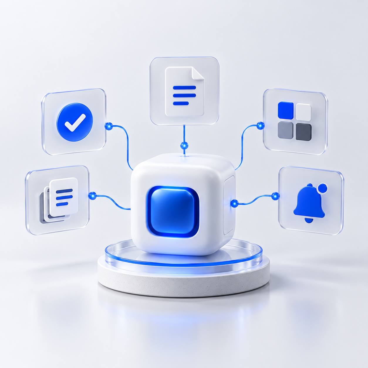 Hub central conectado a checklists, documentos e notificações, representando agentes operacionais